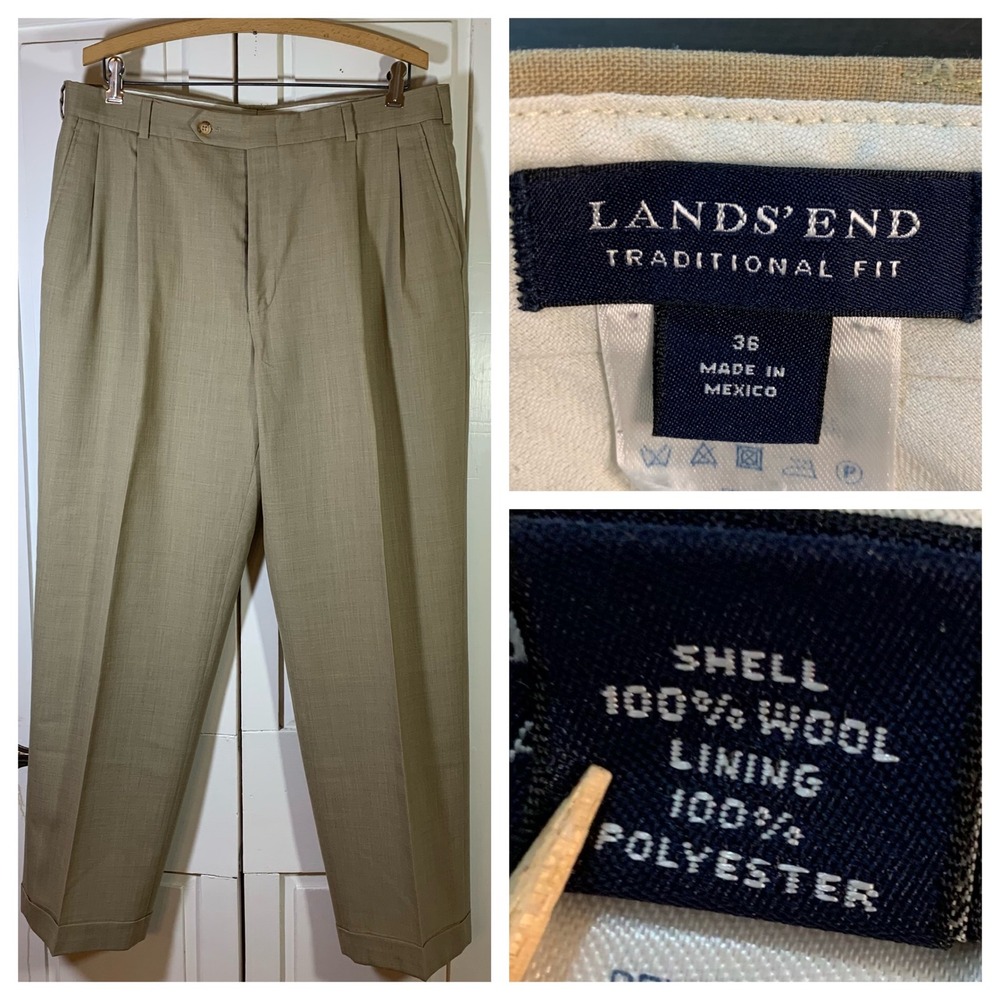 Lands End Traditional Fit Mens‎ Pleated Wool Dress Pants Khaki Size 36 Classic
